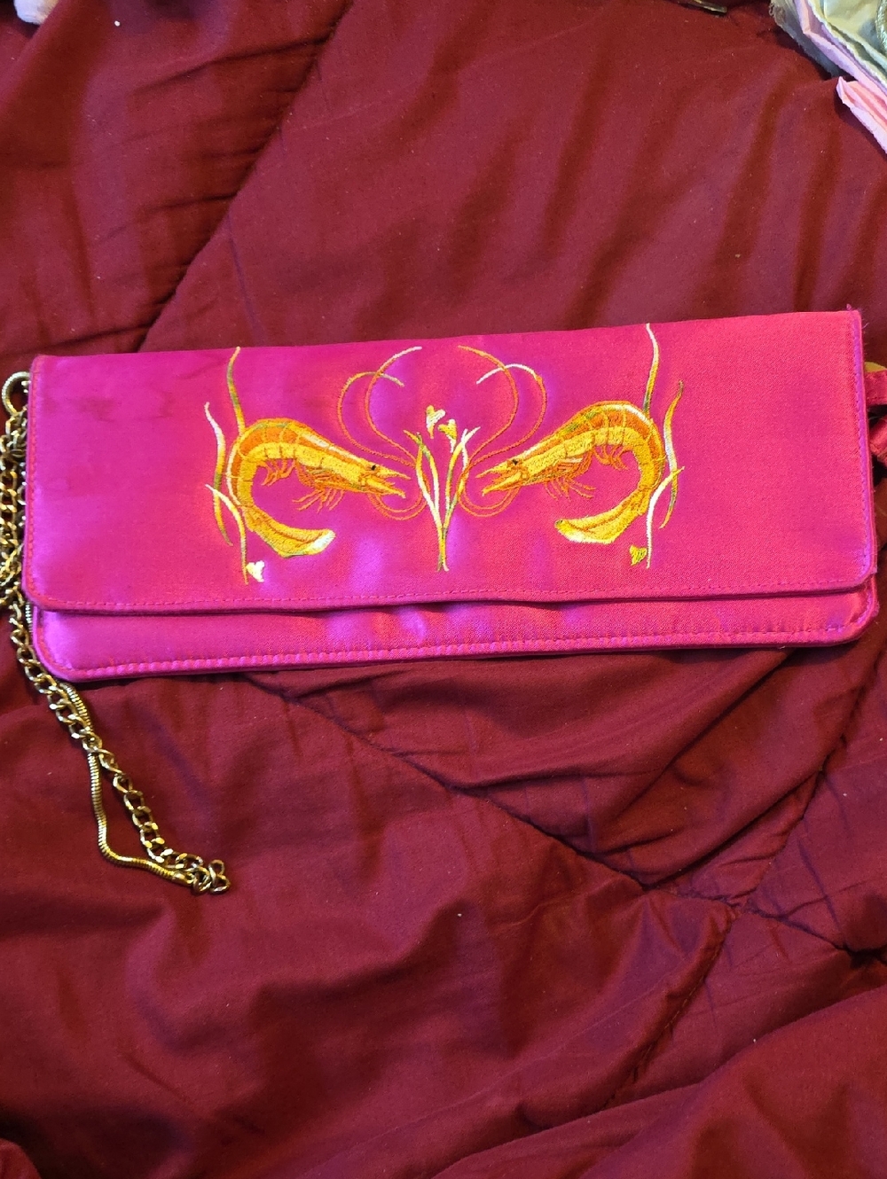 TRANS VERSION PINK EMBROIDERED SATIN CLUTCH WITH GOLD CHAIN